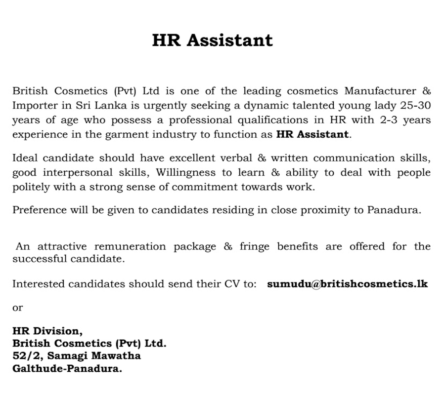 HR ASSISTANT at British Cosmetics