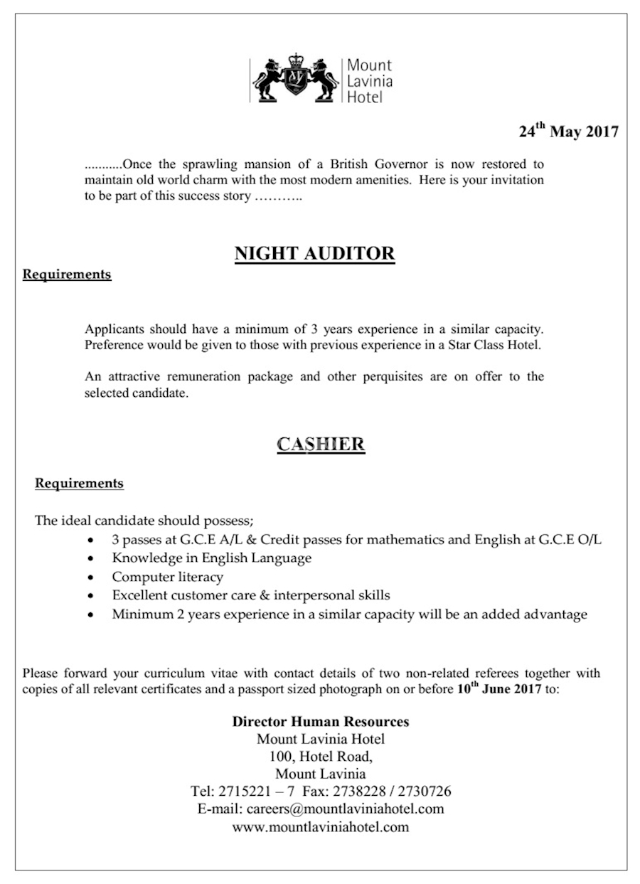 NIGHT AUDITOR and CASHIER at Mount Lavinia Hotel