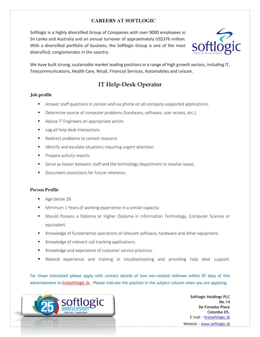 IT HELP DESK OPERATOR at SOFTLOGIC at Softlogic Holdings PLC