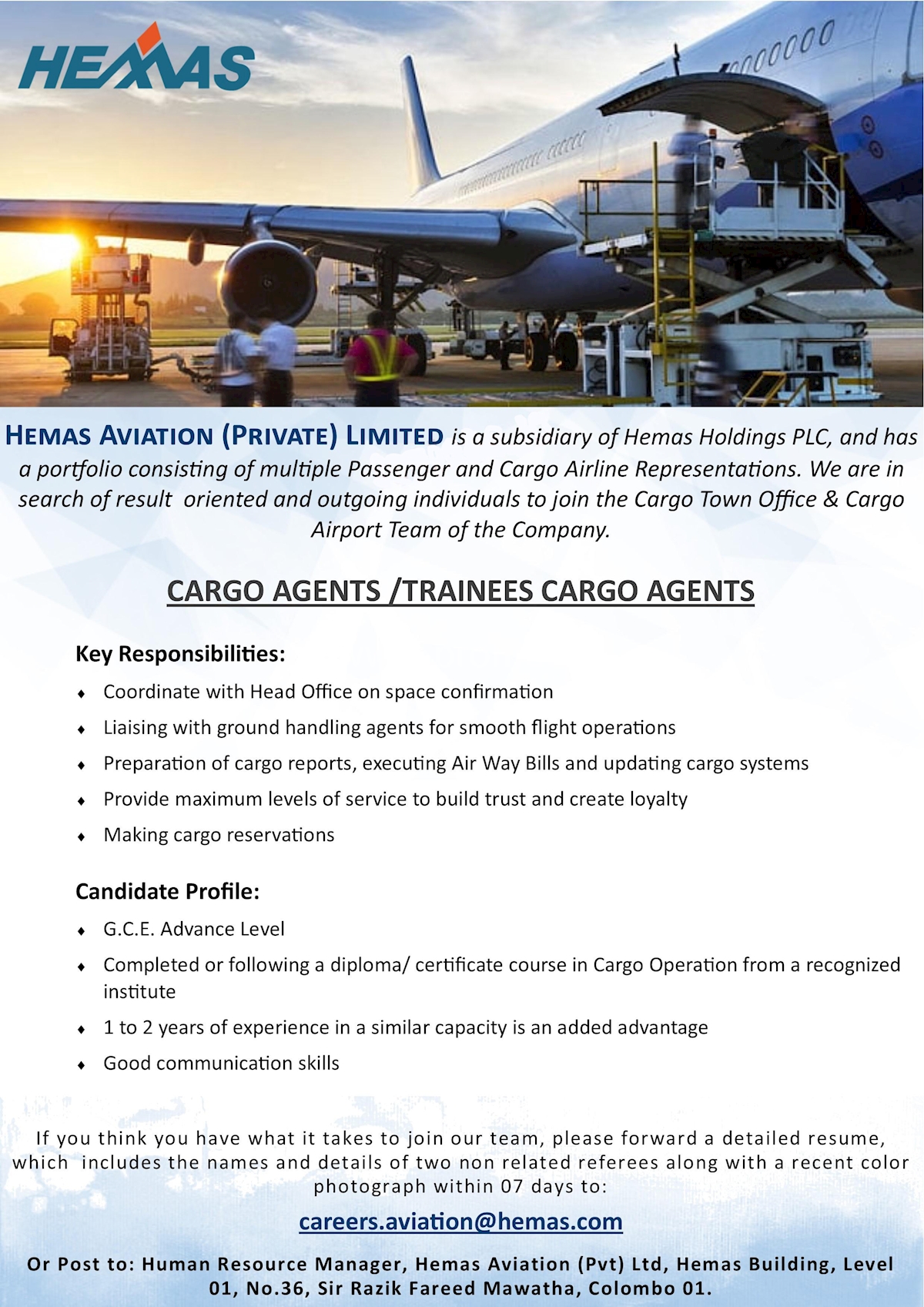 Cargo Agents / Trainees Cargo Agents At Hemas Holdings