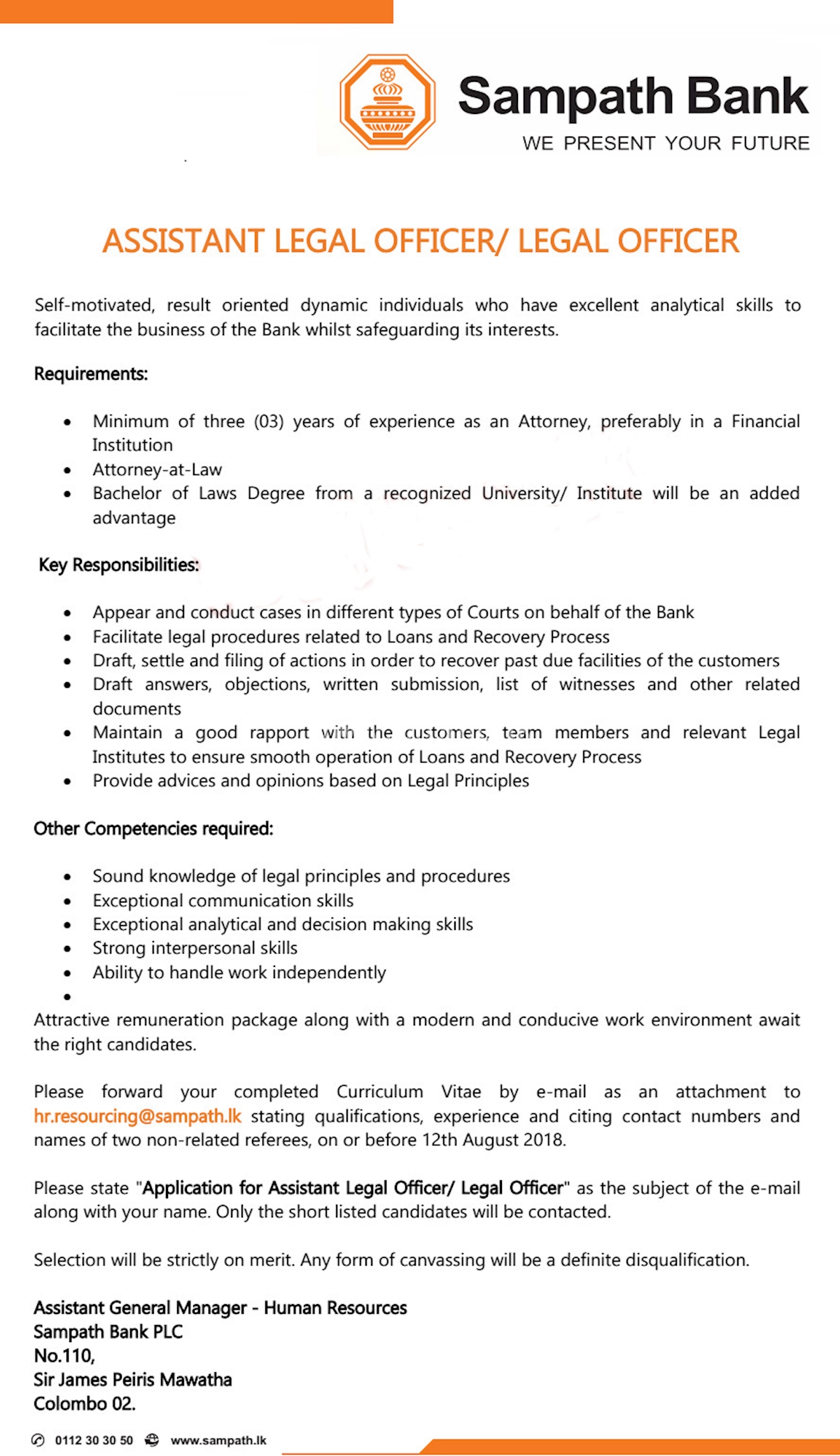 Assistant Legal Officer Legal Officer At Sampath Bank