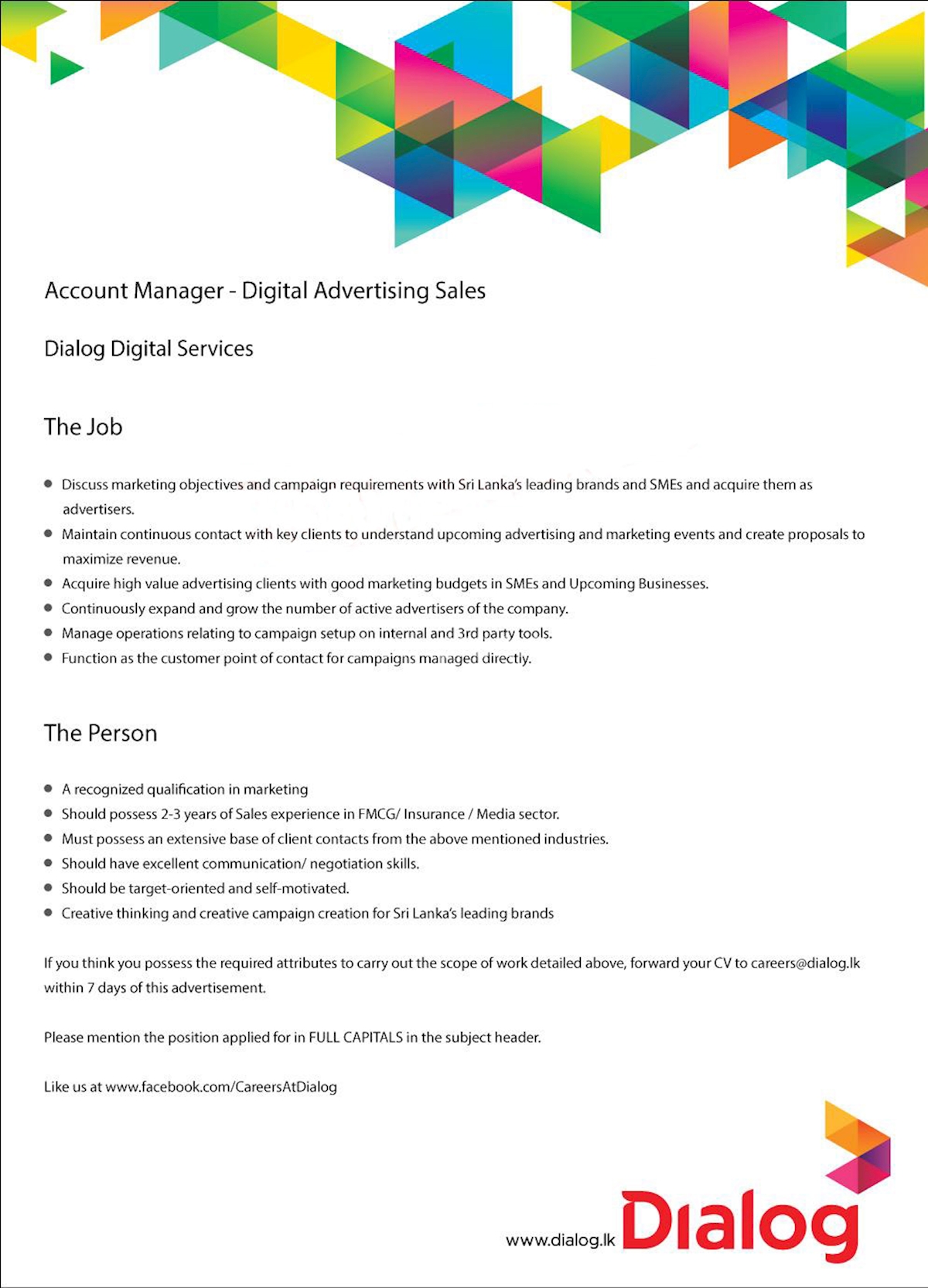 Account Manager Digital Advertising Sales At Dialog Axiata