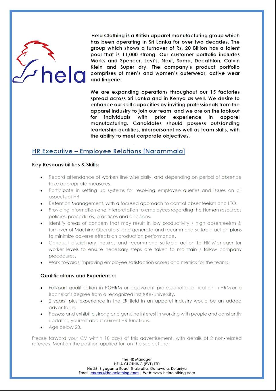Hr Executive - Employee Relations (Narammala) At Hela Clothing
