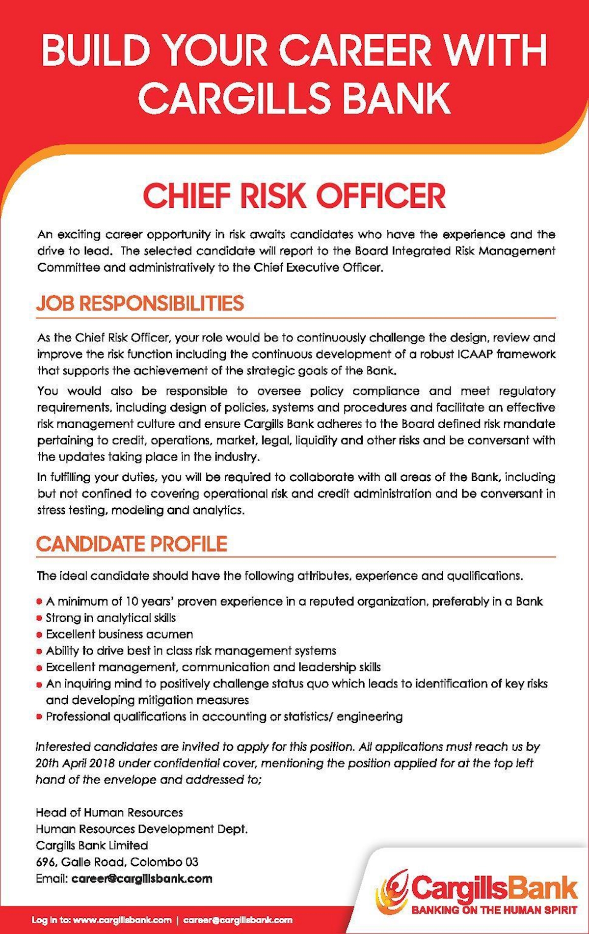 Chief Risk Officer At Cargills Bank