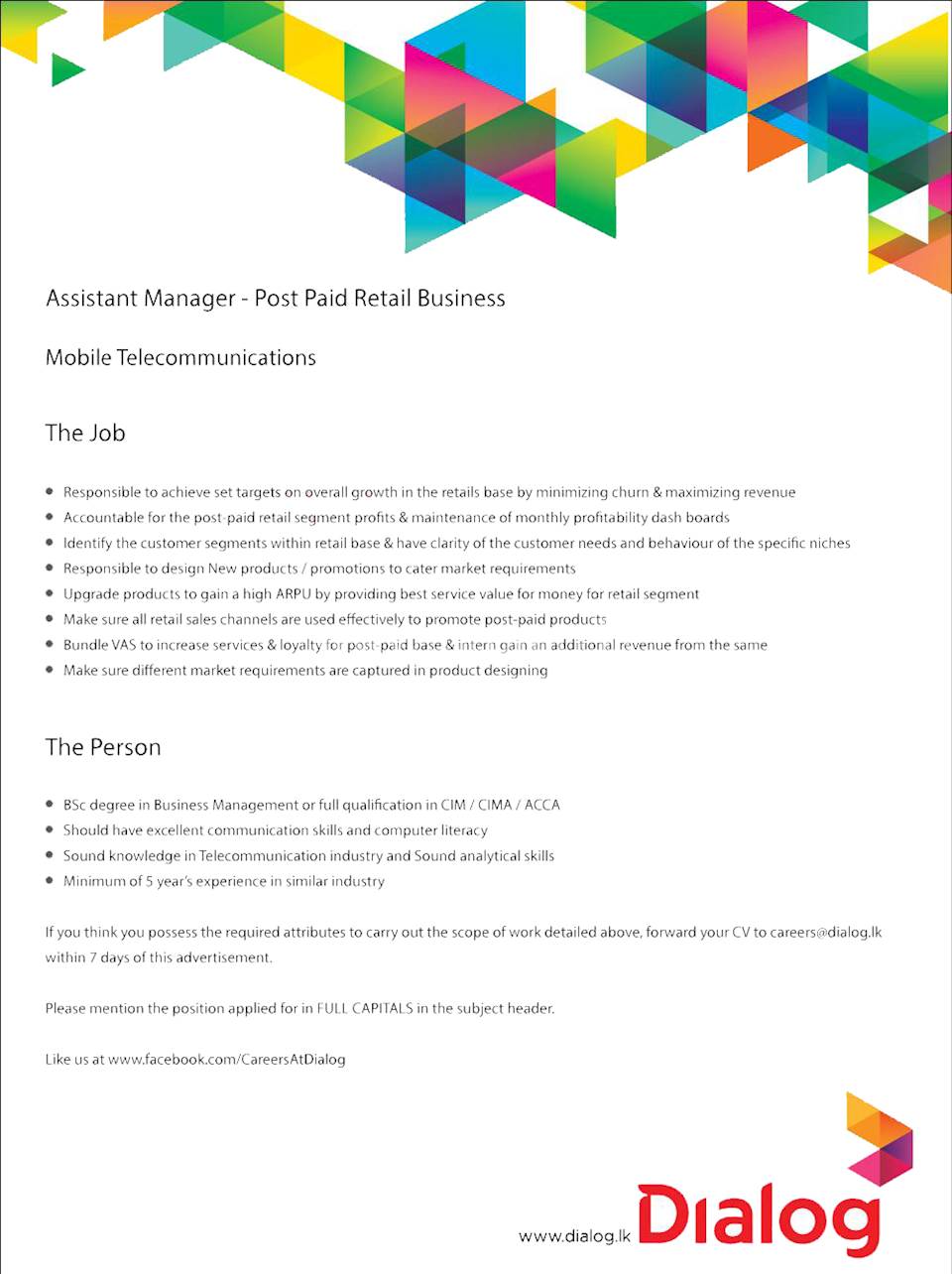 Assistant Manager - Post paid Retail Business 