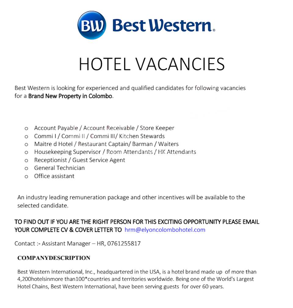 Hotel Vacancies At Best Western Elyon Colombo