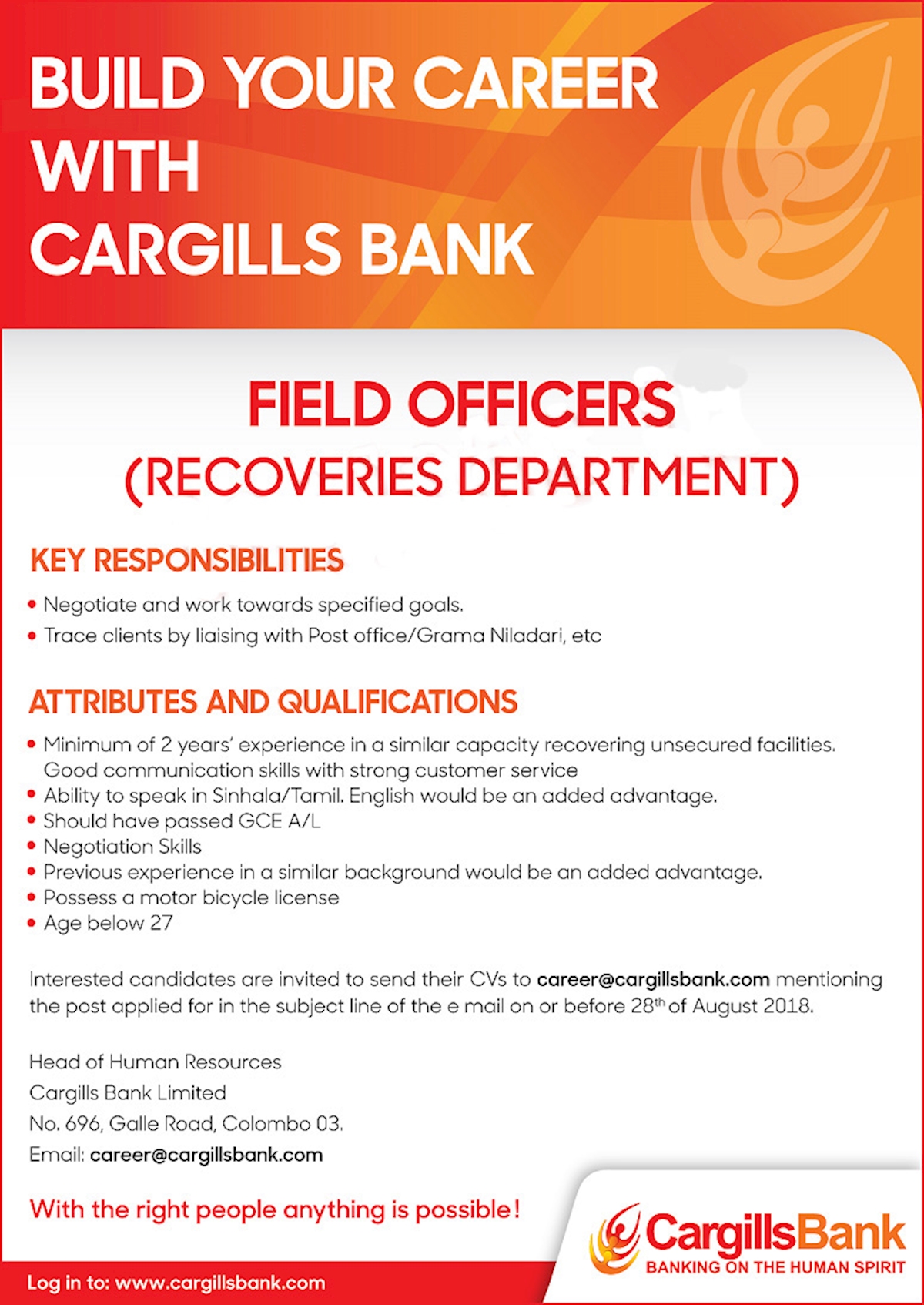 Field Officers (Recoveries Department) at Cargills Bank
