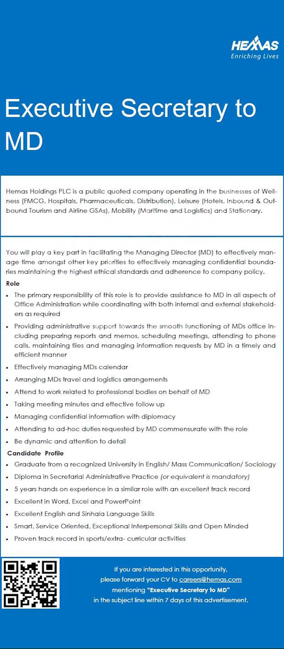 Executive Secretary to MD at Hemas Holdings