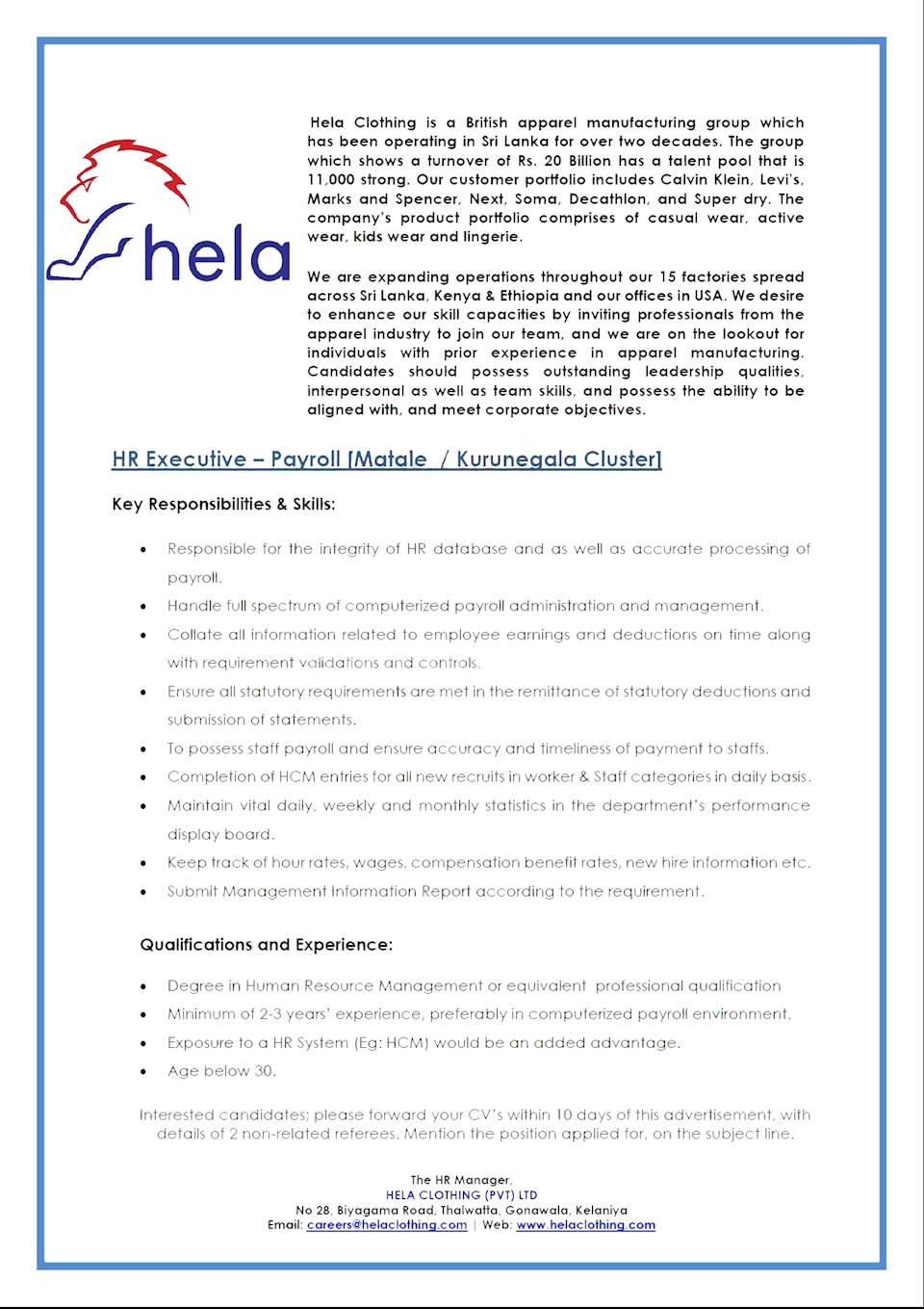 Hr Executive - Payroll (Matale / Kurunegala Cluster) At Hela Clothing