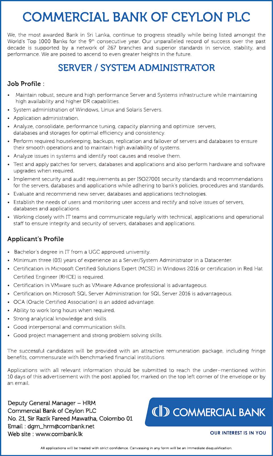 Server System Administrator At Commercial Bank