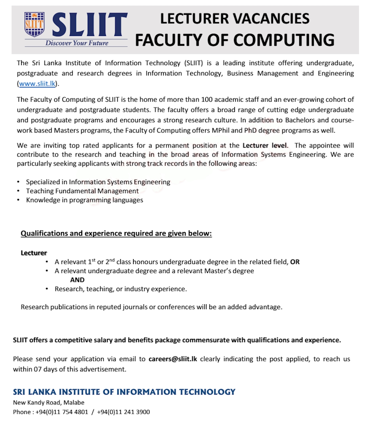 lecturer-vacancies-faculty-of-computing-at-sliit