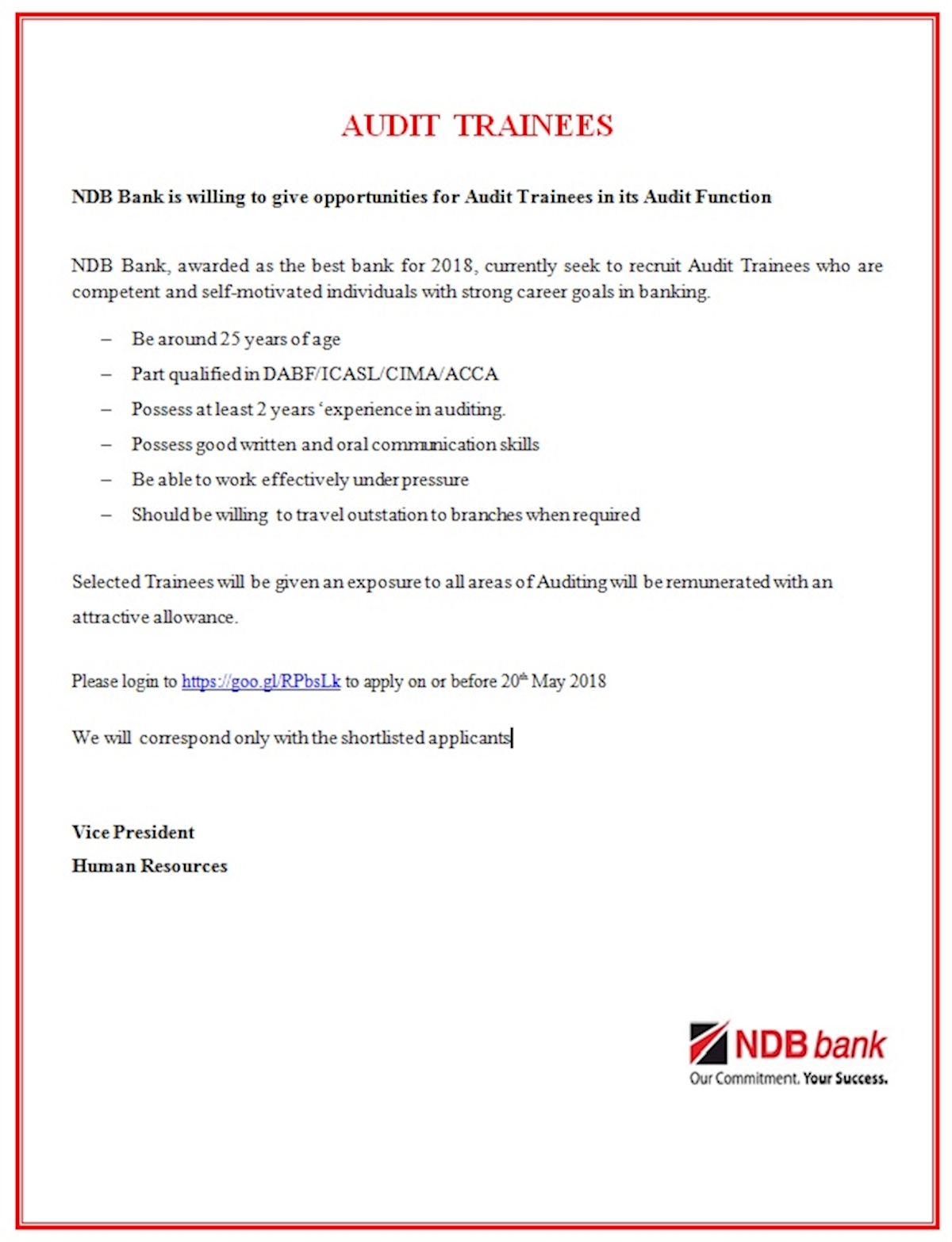 Audit Trainees At National Development Bank