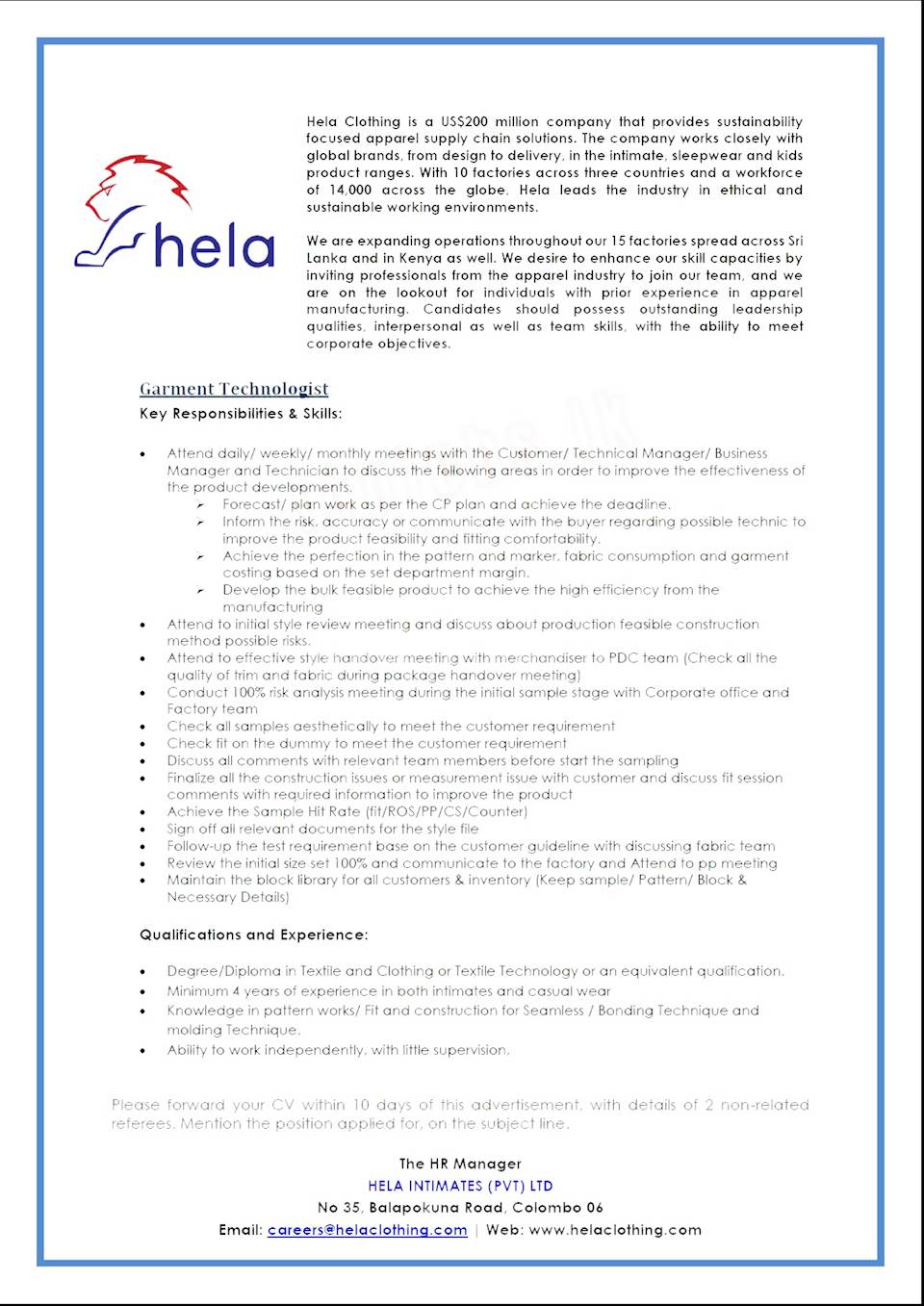 Garment Technologist at Hela Clothing
