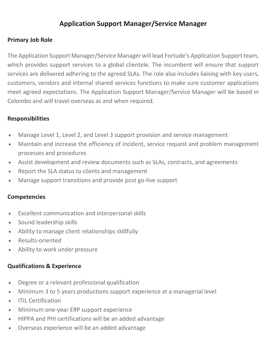 Application Support Manager / Service Manager At Fortude