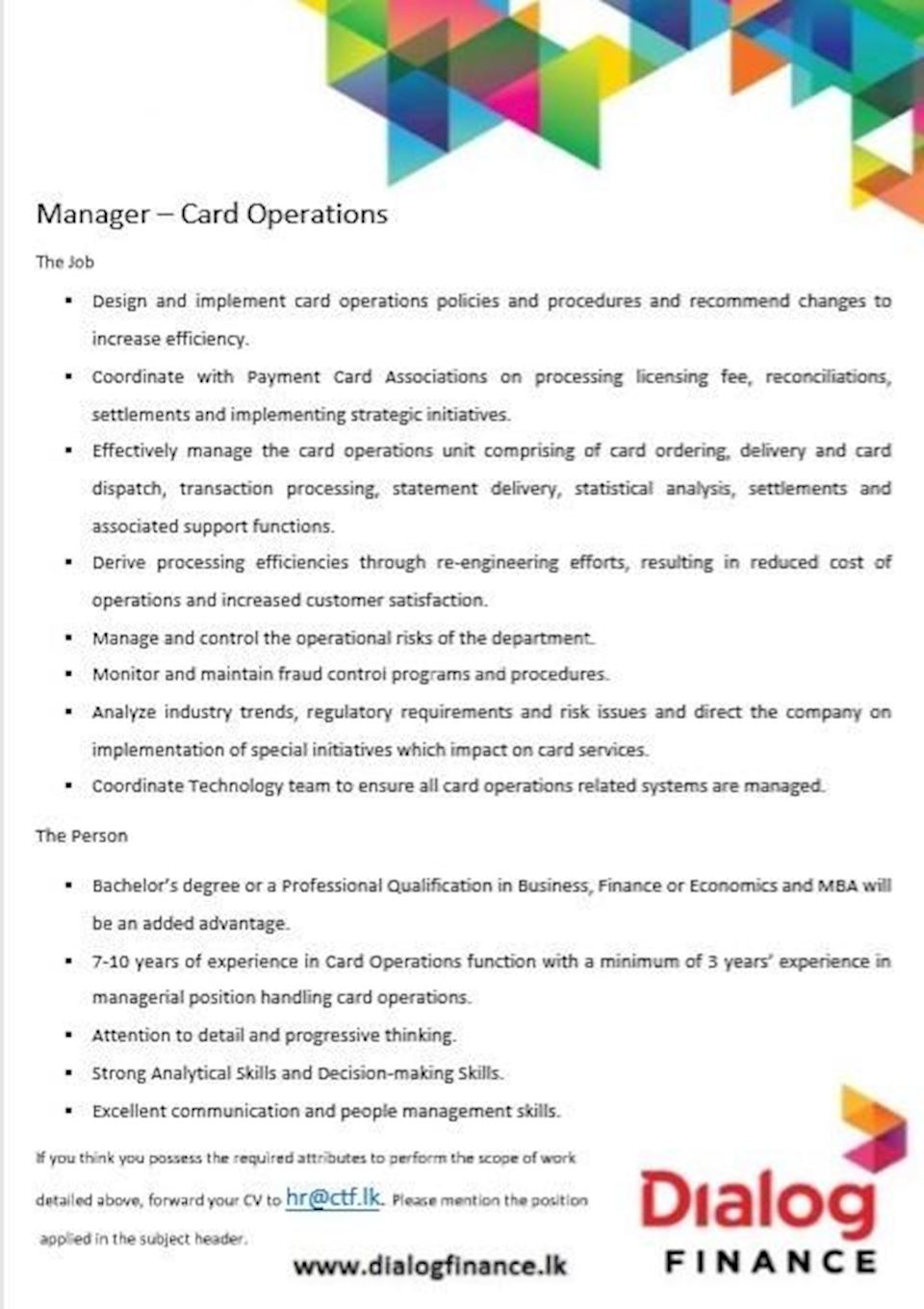 Manager Card Operations at Dialog Axiata