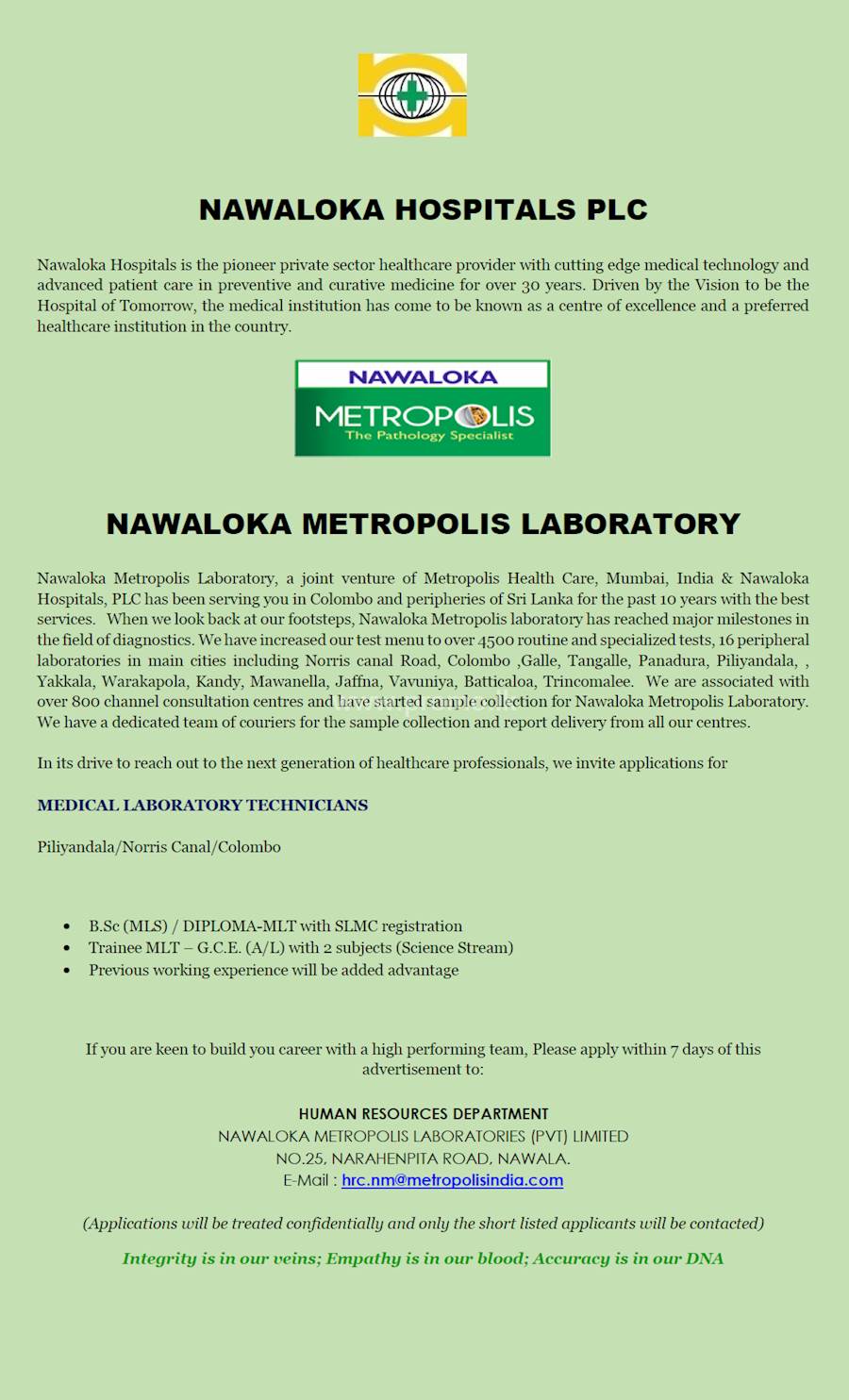 Vacancy for MEDICAL LABORATORY TECHNICIANS at NAWALOKA HOSPITALS at