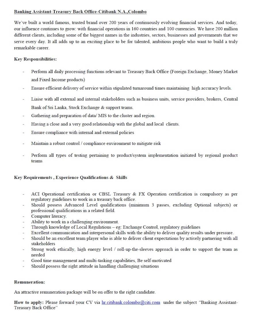 Vacancy For Assistant Banking Treasury Back Office At Citibank