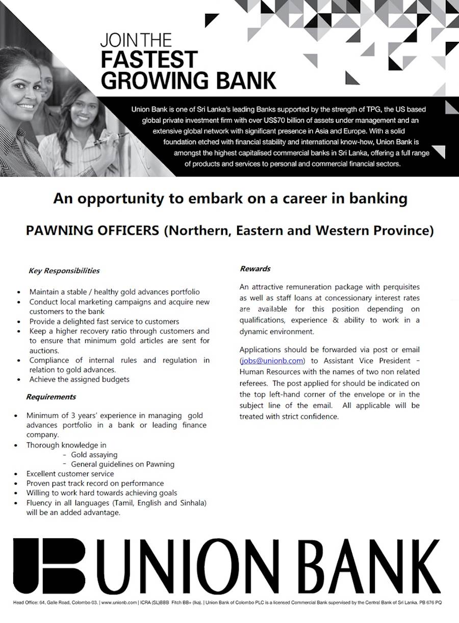 Vacancy For Pawning Officers At Union Bank At Union Bank