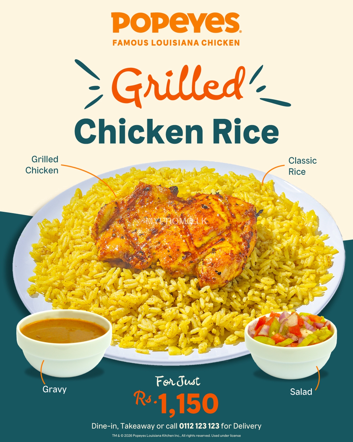 Grilled Chicken Rice with gravy & salad, only Rs. 1,150/ at Popeyes Sri Lanka