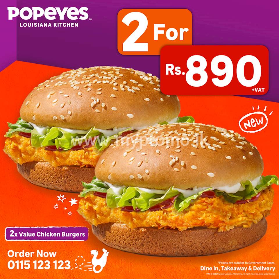 Get 2 Value Chicken Burgers from Popeyes for just Rs.890