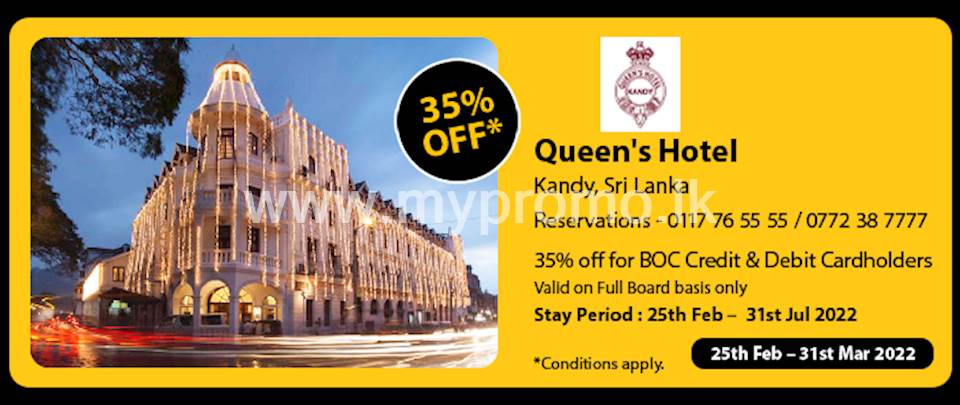  Get 35% Off at Queens Hotel with Bank of Ceylon Cards
