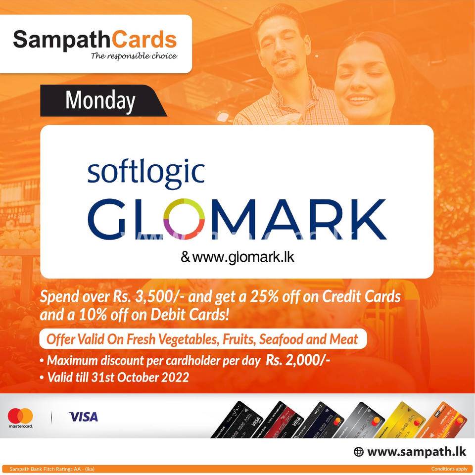 Get up to 25% discount on Fresh Vegetables, Fruits, Seafood and Meat at Softlogic GLOMARK for Sampath Cads