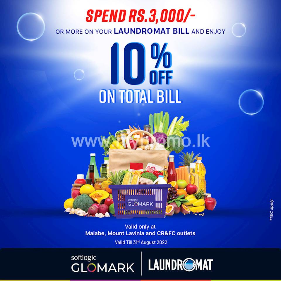 Enjoy 10% off on your Total Bill at GLOMARK when you spend over Rs.3,000 at Laundromat!