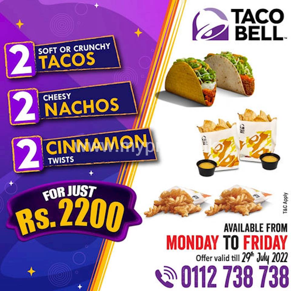 Get 2 Tacos (Soft or Crunchy) + 2 portions of Cheesy Nachos + 2 portions of Cinnamon Twists for just Rs. 2200 at Taco Bell