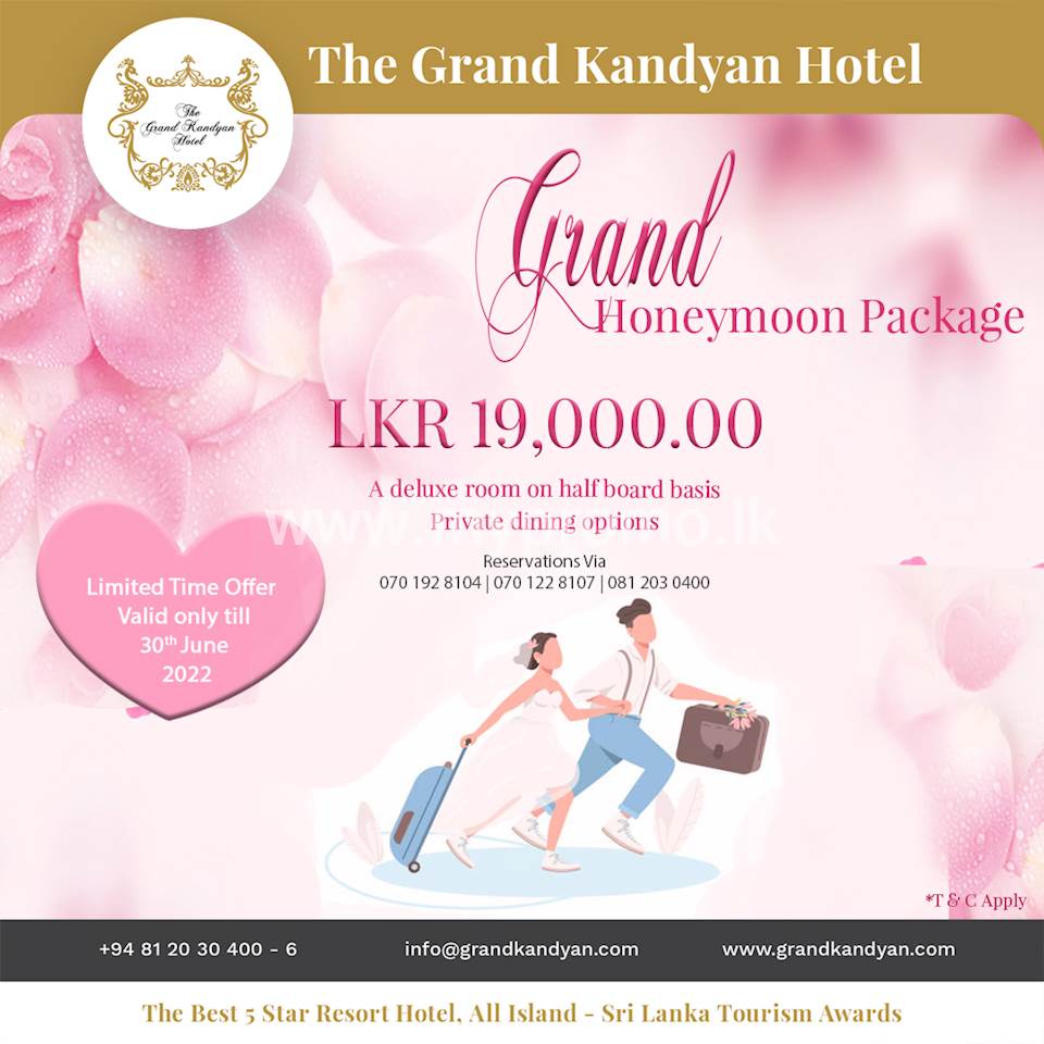  Grand Honeymoon package at The Grand Kandyan Hotel