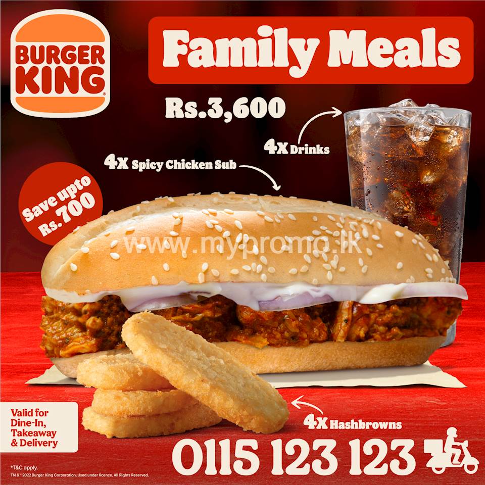 4x Spicy Chicken Subs + 4x Hash Browns+ 4x Drinks for just Rs, 3,600/- at burger King