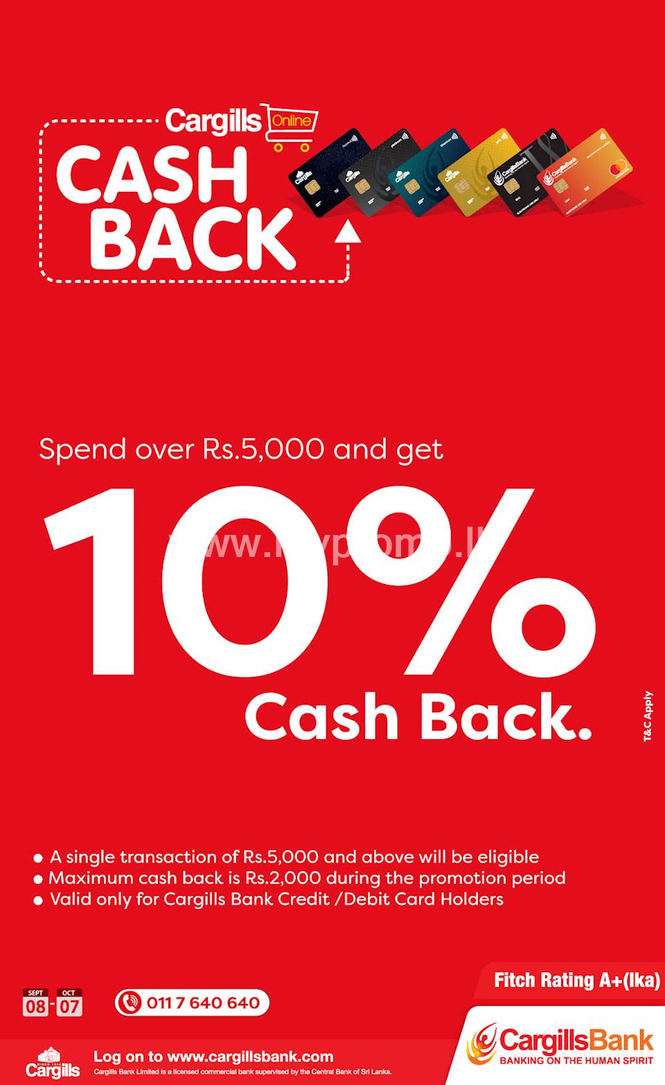 Enjoy 10% cashback when you spend over Rs. 5,000 with Cargills Bank Credit Cards and Debit Cards at Cargills Online