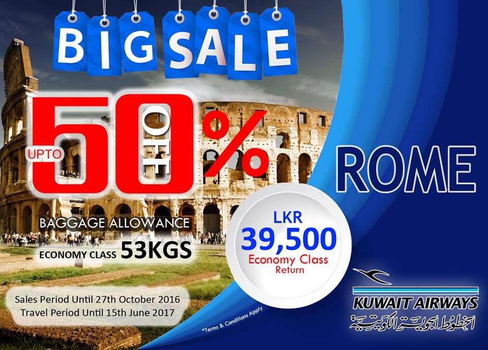 Upto 50% Discount on Air Fare to Rome for Rs 39500 on Kuwait Airways