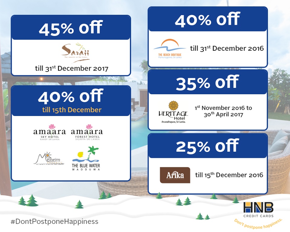 Up to 45% hotel promotion at HNB Credit Cards till 31st December 2016