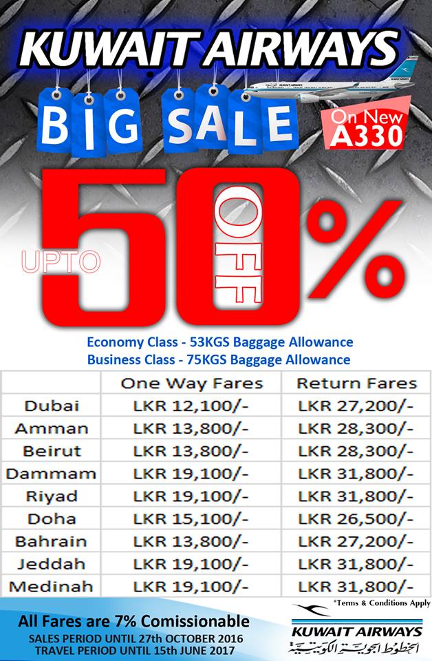 50% Discount at KUWAIT AIRWAYS to middle east