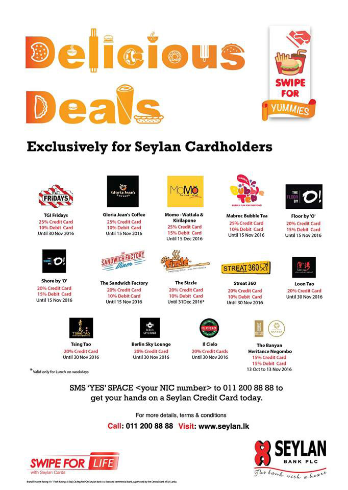 Upto 20% Discount for Food promotions at selected Restaurants for Seylan Bank Cards till 30th November 2016