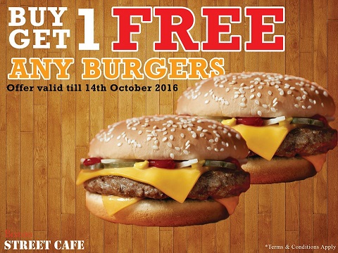 BUY 1 GET 1 FREE of any Burgers at Bixton Street Cafe till 14th October 2016