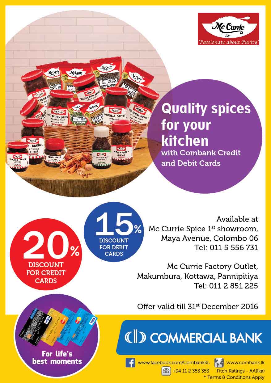 Upto 20% Discount at Mc CURRIE products for Commercial Bank Cards till 31st December 2016