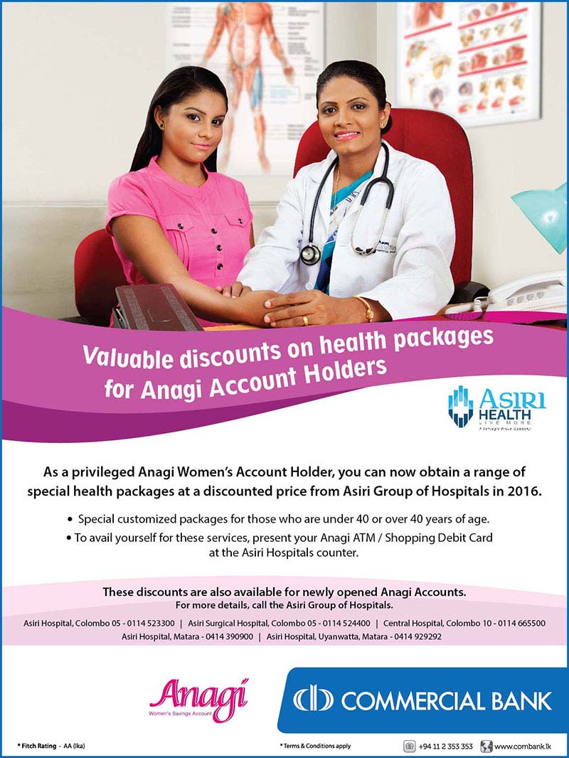 Discounted health packages for Commercial Bank Anagi Account Holders at ASIRI HOSPITAL till 31st December 2016