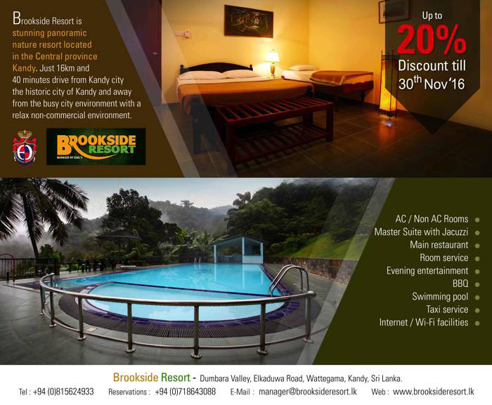 Upto 20% Discount at BROOKSIDE RESORT till 30th November 2016