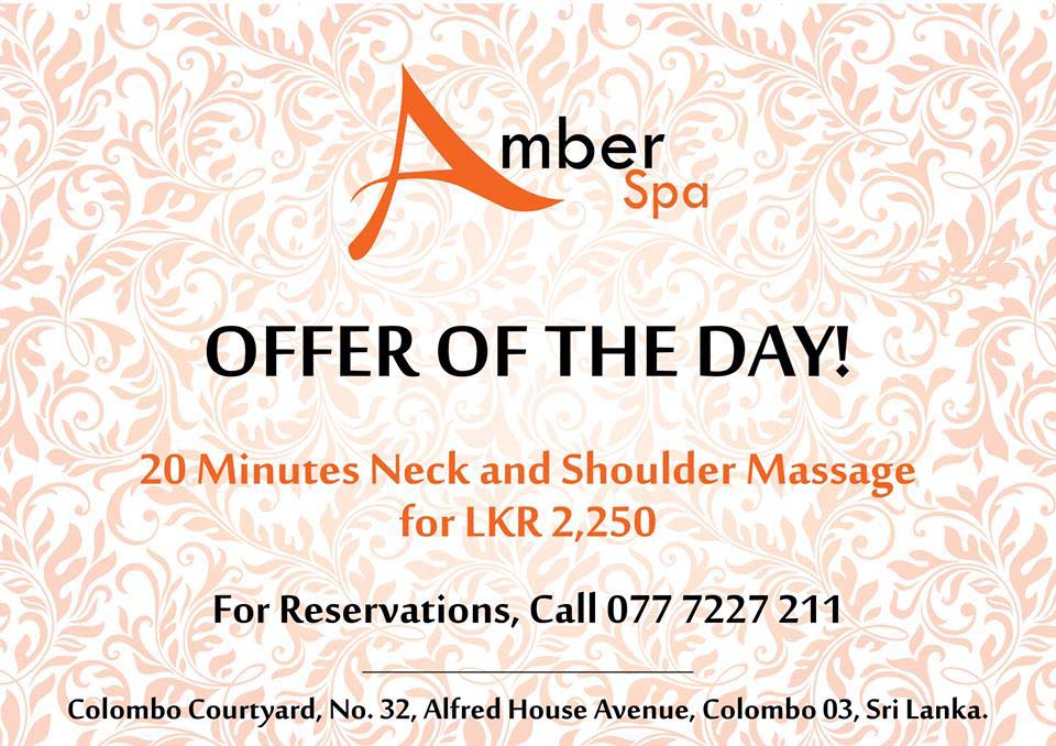 Discount of the day at AMBER SPA for 20 minutes Neck and Shoulder Massage only Rs. 2250