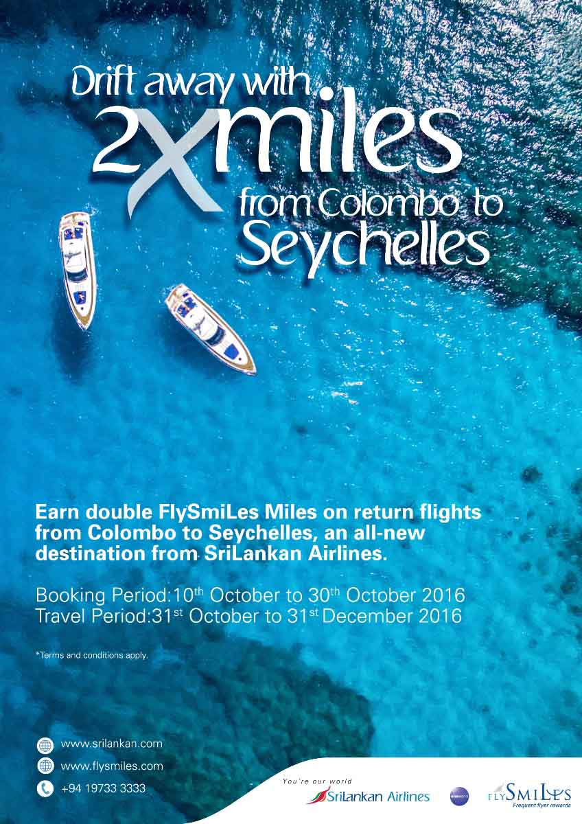 Earn double FlySmiles Miles offer on return flight from Colombo to Seychelles on Srilankan Airlines book before 30th October 2016