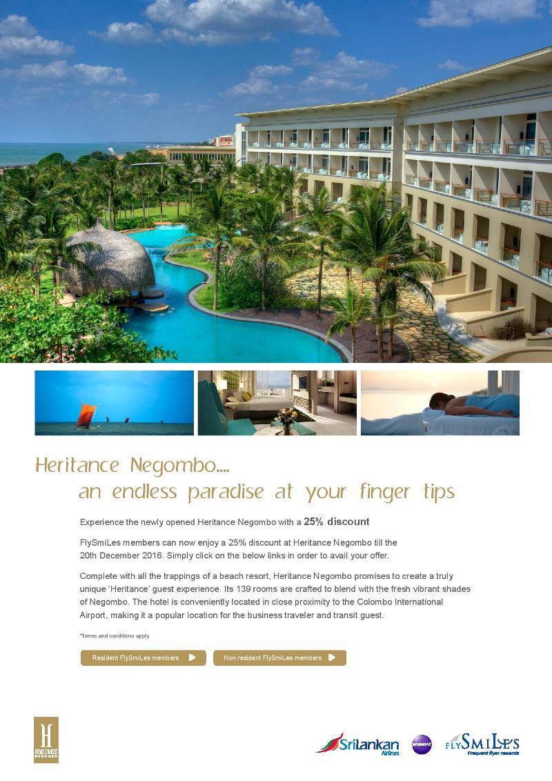 25% Discount at Heritance Negombo for Flysmiles Members till 31st December 2016