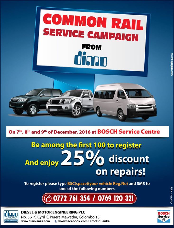 Up to 25% promotion vehicle repairs at DIMO LANKA from 7th to 9th December 2016