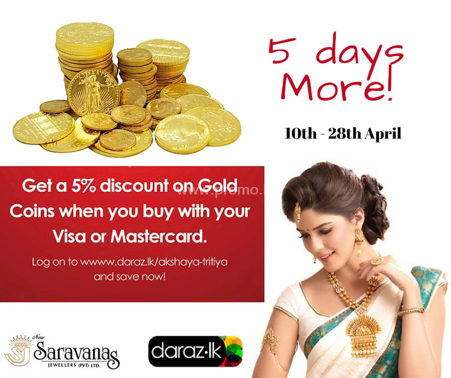 Get a 5% Discount on Gold Coins when you buy with your Visa or Mastercard at NEW SARAVANAS JEWELLERS