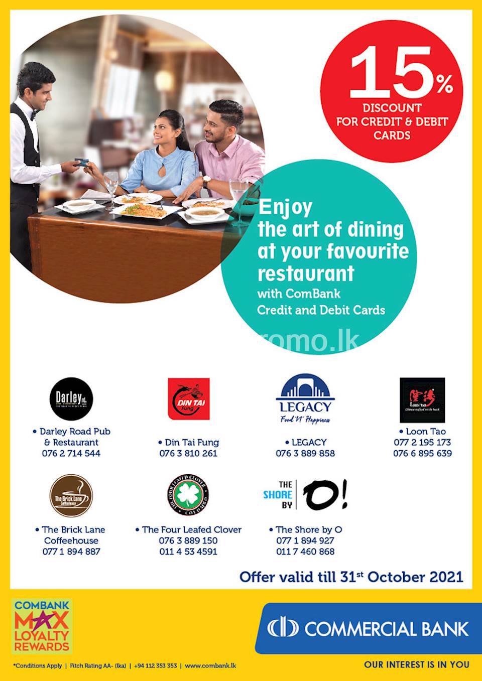 Enjoy 15% off at your favourite restaurant with ComBank Credit and Debit Cards (October Promo)