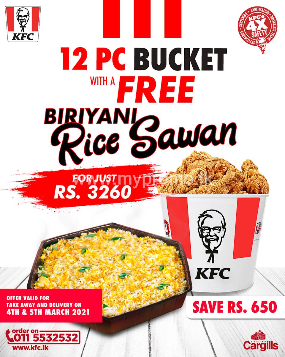 Buy a 12PC bucket and get a biriyani rice sawan FREE at KFC Sri Lanka