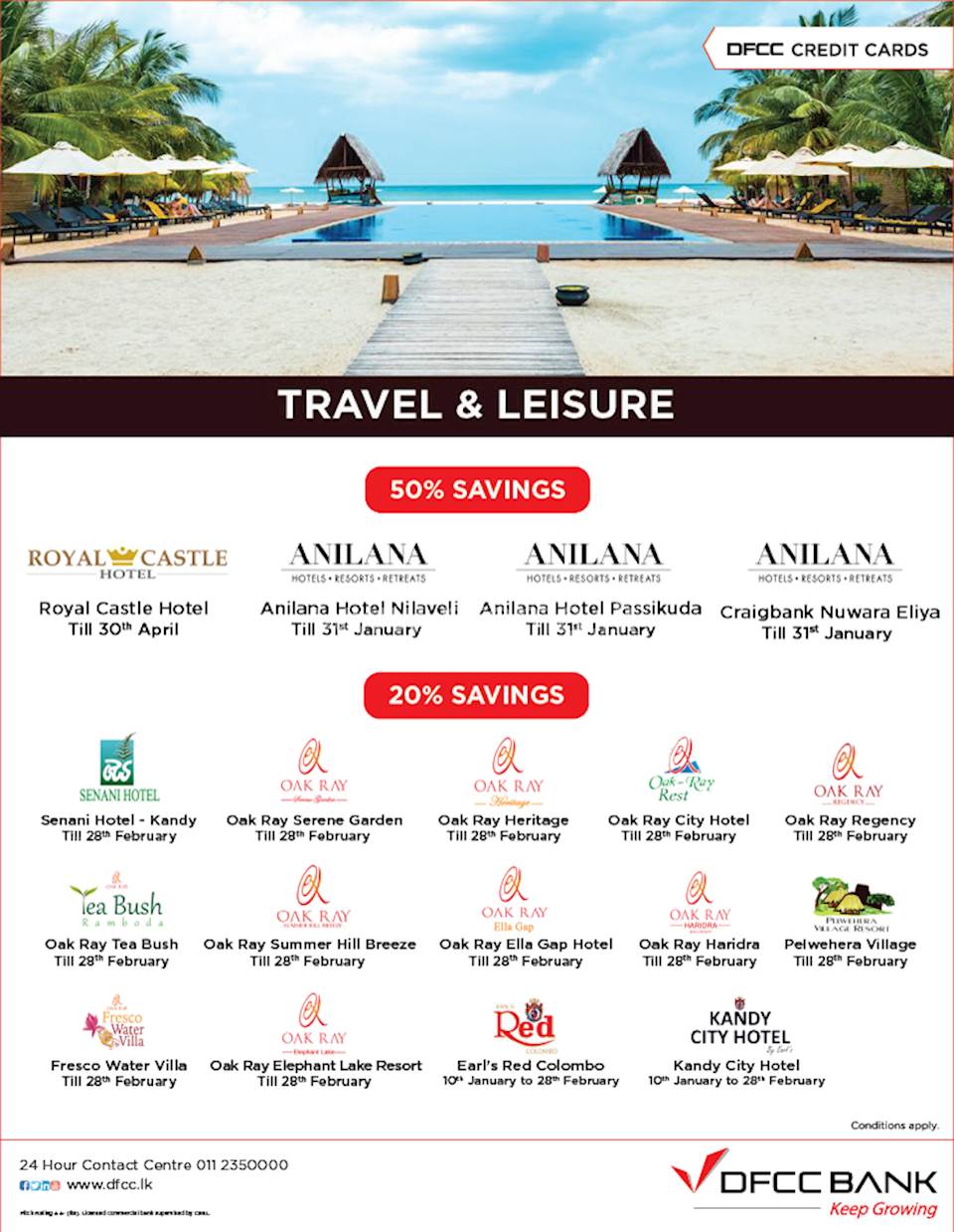 Travel And Leisure offers with DFCC Credit Cards from your favorite local hotels