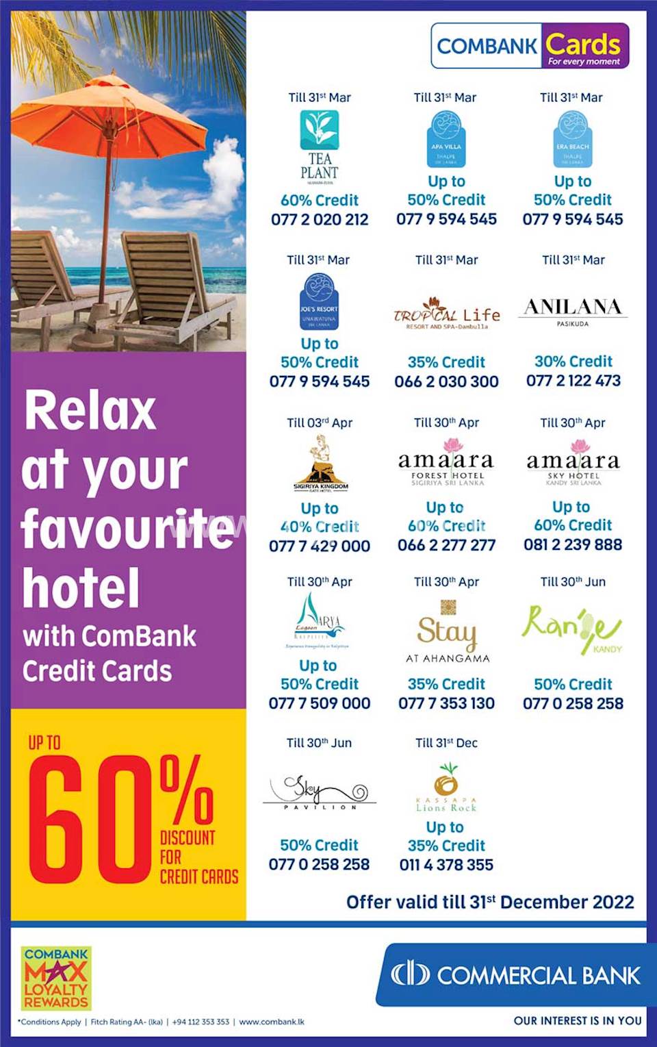 Relax at your favourite hotel with ComBank Credit Cards