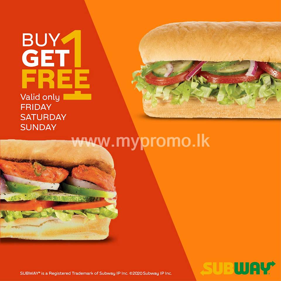 Buy 1 SUB and get 1 FREE. Available for selected 6-inch/footlong subs