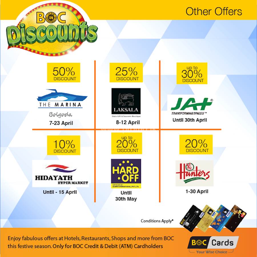 Get 10% to 50% discount from BOC Discounts from HUNTERS and OTHER OFFERS
